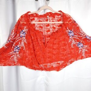 Free People Jubilee Sheer Lace Red Crop Top Womens XS Floral Boho